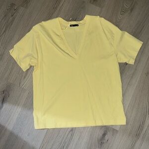 Zara Yellow V-Neck T-Shirt Size Small | 100% Cotton Casual Short Sleeve Tee